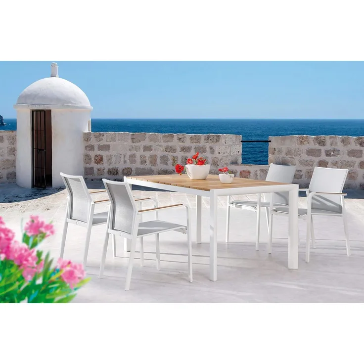Best Freizeitmöbel Sitzgruppe Paros 5-teilig Tisch + 4 Stapelsessel 160 x 90 cm weiss/Teak