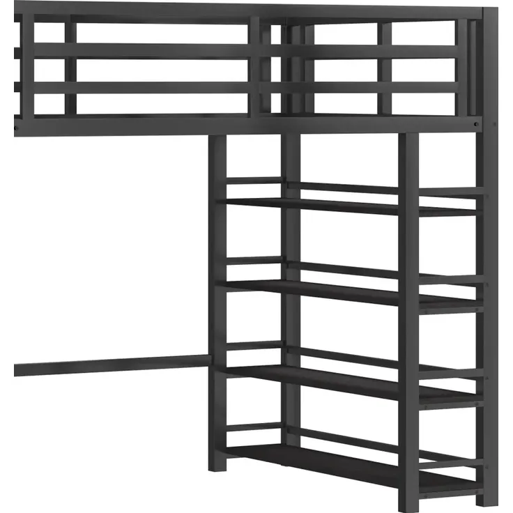 Hochbett mit Kleiderschrank, LED-Streifen, Rausfallschutz und Regal, 140x200cm, Treppe mit Schränken, und, Kinderbett, Metallbett – Bild 10