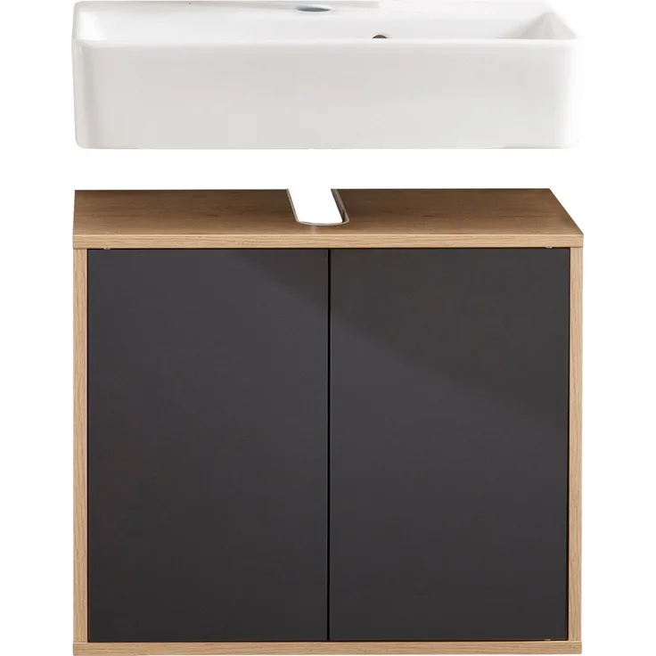 FACKELMANN FINN Waschbecken mit Unterschrank 60 cm breit, Anthrazit/Braun hell, Waschbecken Keramik Weiß