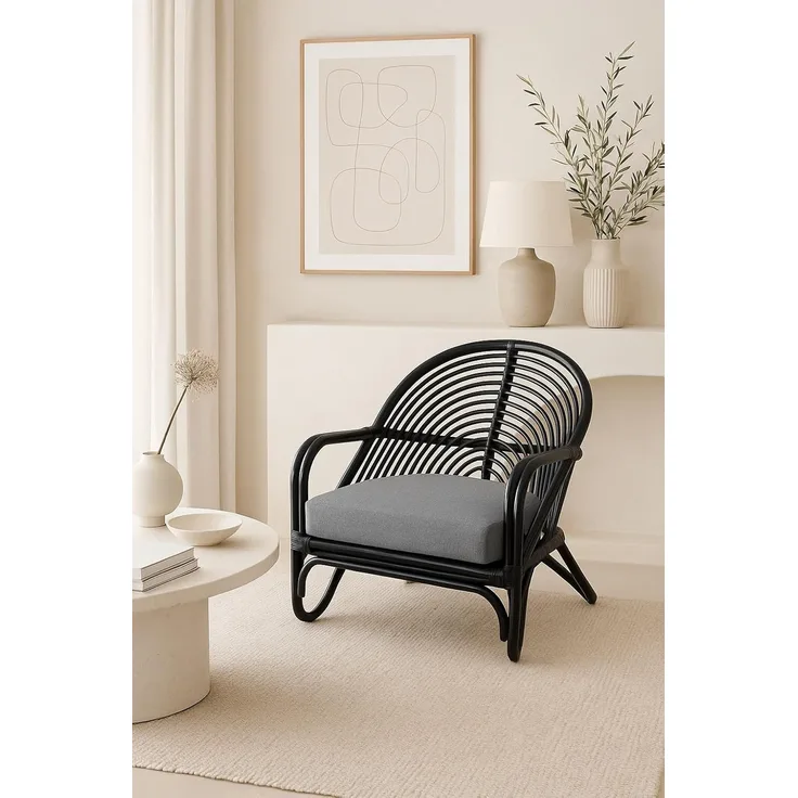 Relax-Sessel aus Rattan handgeflochten, schwarz lackiert, inkl. Kissen