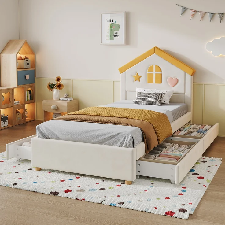 Merax Kinderbett, 90x200 cm, Polsterbett, mit 4 Schubladen, Stauraumbett für Kinderzimmer, Jugendbett mit französischem Samt, gepolstertes Bett mit Haus-Kopfteil, Beige – Bild 5