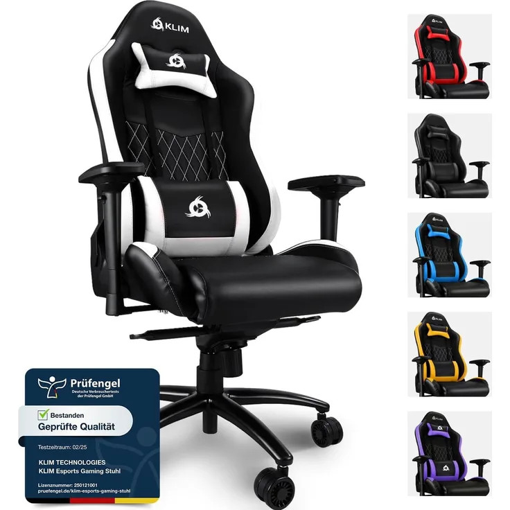 KLIM Esports Gaming Stuhl + Mit Lenden- und Nackenstütze + Verstellbar Gaming Sessel + Ergonomisch PC Stuhl + Kunstleder und Premium-Materialien + Weißer Gamer Stuhl 2022 Version Gaming Chair