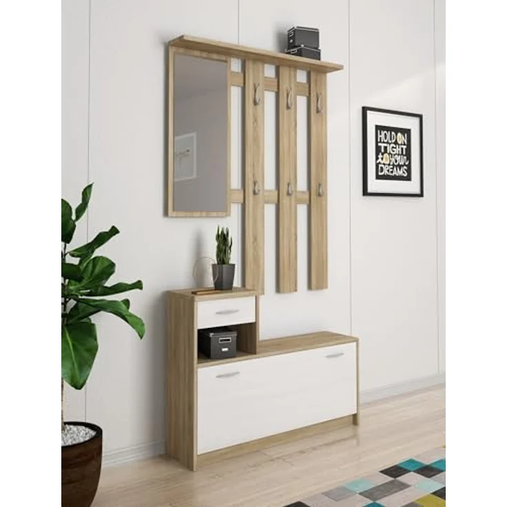Dmora - Eingangsmöbel Clint, Moderner Eingangsbereich mit Spiegel, Schrank mit Schuhregal, Multifunktionsschrank, 100x25h180 cm, Weiß und Braun – Bild 6
