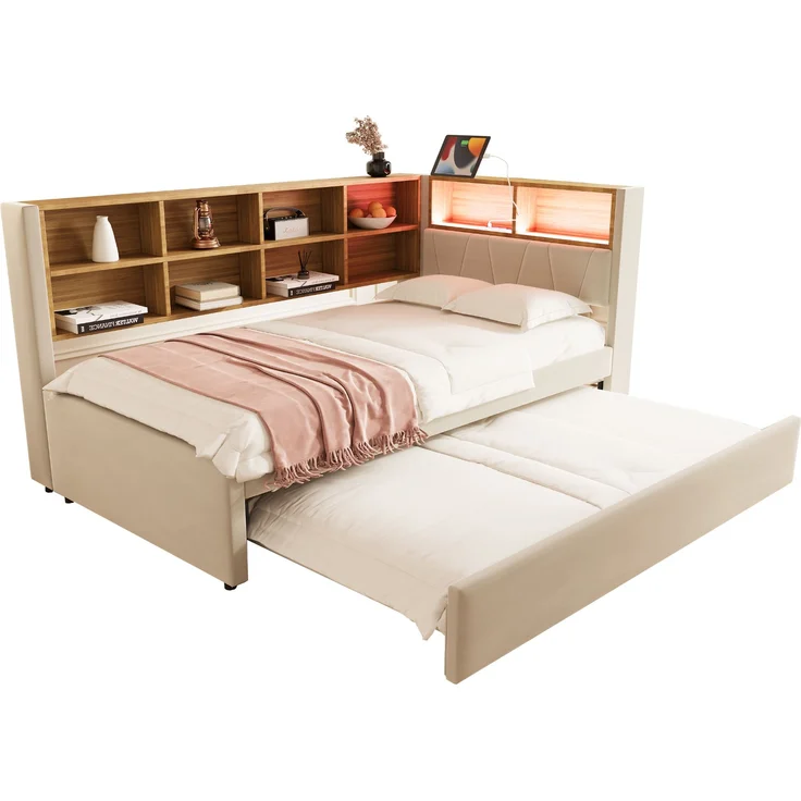 Bett 90x200 cm mit Ausziehbett 90x190 cm, Flanellbezug in Beige, mit Stauraum und LED-Beleuchtung – Bild 6