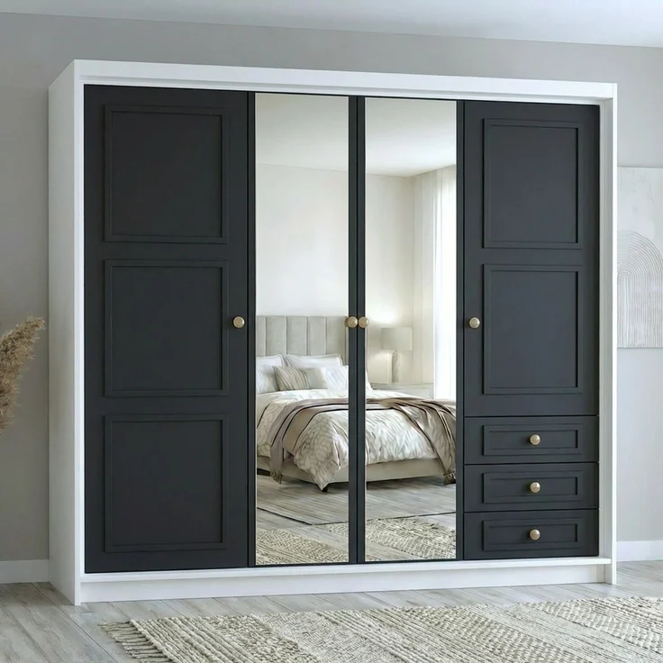 Drehtürenschrank OSLO viertüriger Kleiderschrank mit Schubladen und Metallgriffen – Bild 1