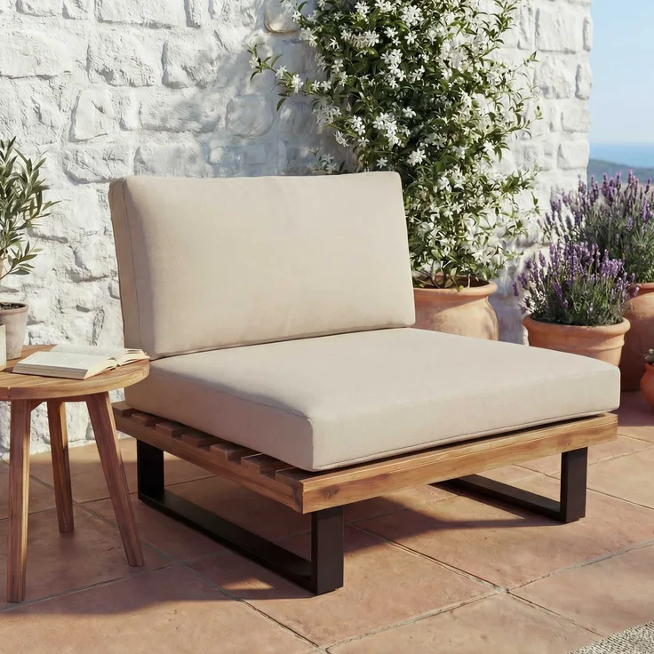 Lounge-Sessel HWC-H54, Garten-Sessel, Spun Poly Akazie Holz FSC®-zertifiziert Aluminium ~ hellbraun, Polster beige
