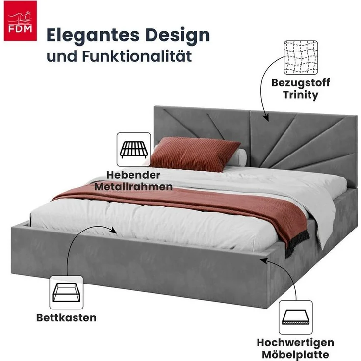 FDM Polsterbett SUNSET Bettgestell MADE IN EU - mit hochwertigem Velours Bezug (verfügbar 90x200 120x200 140x200 160x200 180x200 cm, Bettrahmen, Bett, mit großen gepolsterten Kopfteil, mit Bettkasten zum aufklappen), Hebbarer Metallrahmen, Bettkasten, o... – Bild 1