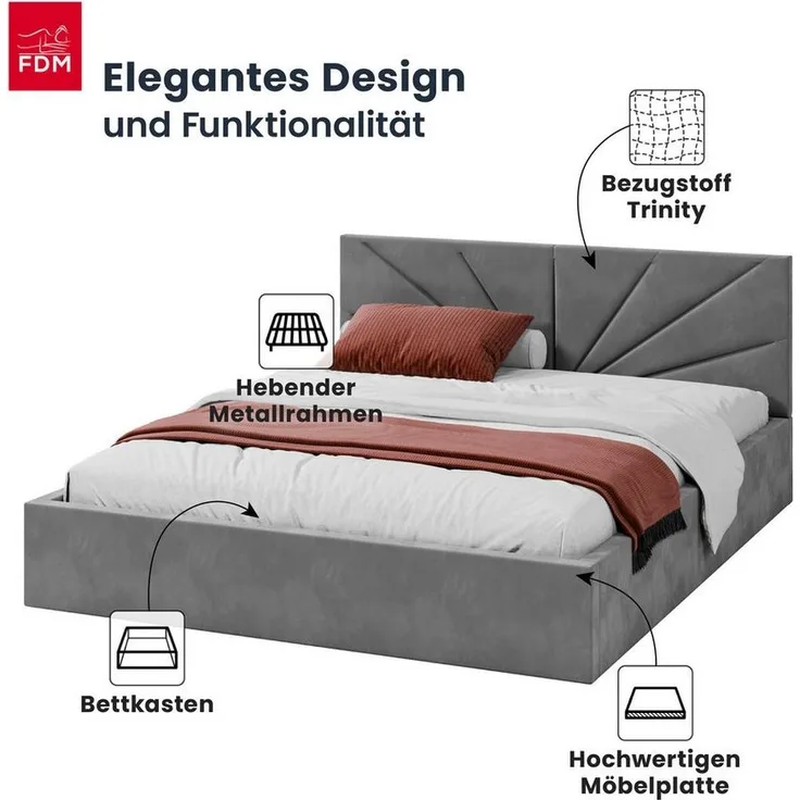 FDM Polsterbett SUNSET Bettgestell MADE IN EU - mit hochwertigem Velours Bezug (verfügbar 90x200 120x200 140x200 160x200 180x200 cm, Bettrahmen, Bett, mit großen gepolsterten Kopfteil, mit Bettkasten zum aufklappen), Hebbarer Metallrahmen, Bettkasten, o...