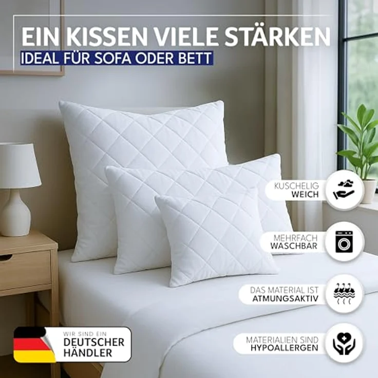 Gentle North Kopfkissen (80x80 cm groß) - Kissen für Bett und als Dekokissen - Mit Reißverschluss für Füllung - Sofakissen - Zierkissen für Couch und Sofa - Ökotex - Waschbar bis 60° - Weiß – Bild 3