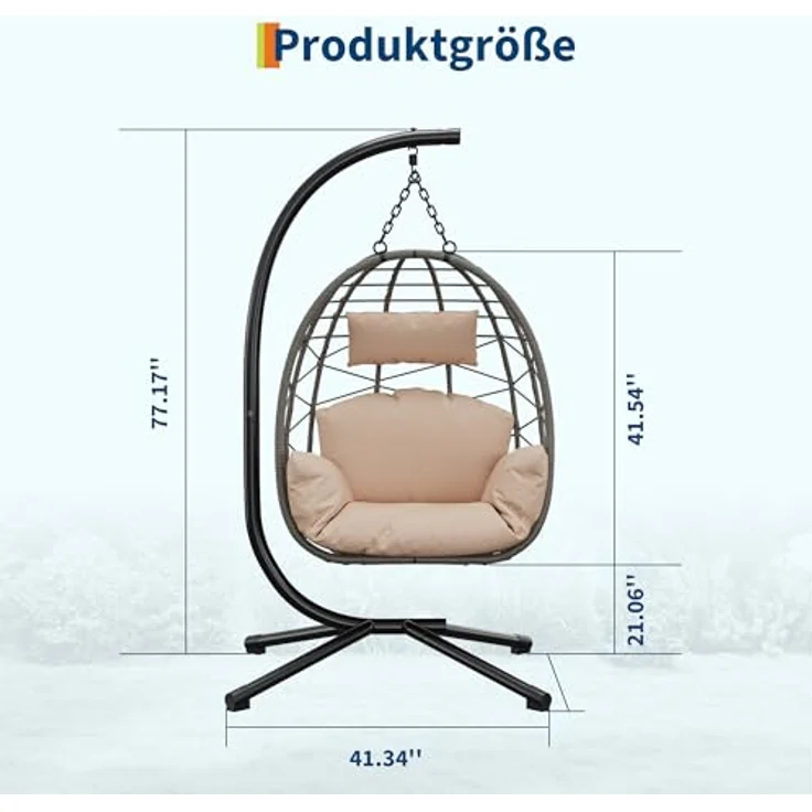 Hängesessel mit Gestell Outdoor bis 150 kg belastbar, Rattan Hängesessel mit Metallgestell, ideal als Hängesitz Indoor mit Gestell für Garten, Terrasse & Balkon Beige – Bild 4