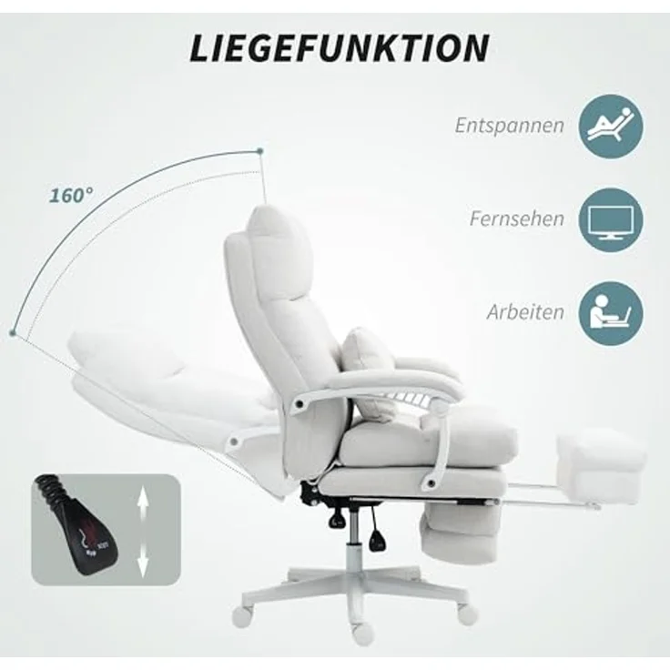 HOMCOM Schreibtischstuhl gepolsterter Bürostuhl mit Fußstütze, Schwenkrädern (höhenverstellbarer Arbeitsstuhl, 1 St), 70 x 68 x 114-122 cm, Cremeweiß – Bild 6
