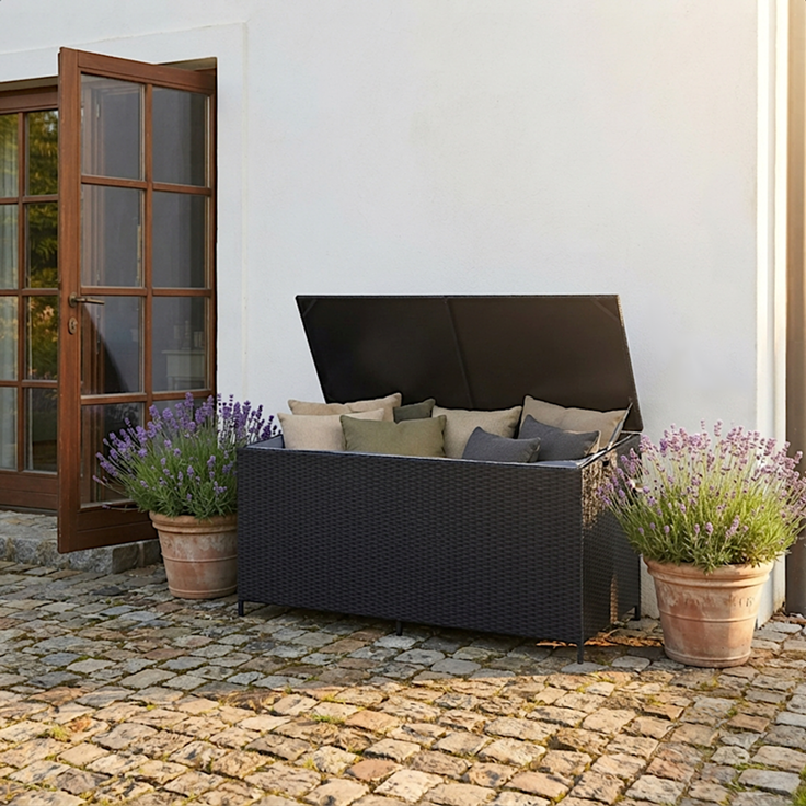 Polyrattan Auflagenbox Kissenbox Gartenbox 114 cm Aufbewahrungsbox Truhe Schwarz – Bild 4