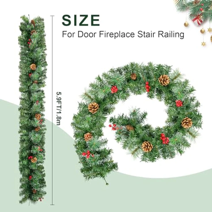 Tannengirlande Aussen Innen, Uten Künstlicher Weihnachtsgirlande 180cm Tannenzapfen und rote Beeren Weihnachtsdeko für Haustür, Treppe, Kamin – Bild 3