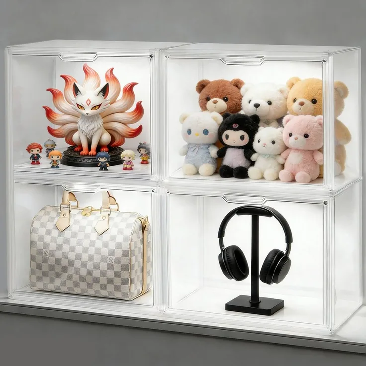 XIIW Vitrine LED Schuhboxen Displaybox Transparent Stapelbare Aufbewahrungsbox (Set, 4er Set, 36 × 22 × 27 cm) Sammlerbox mit LED, Magnettür und transparentem Sichtfenster