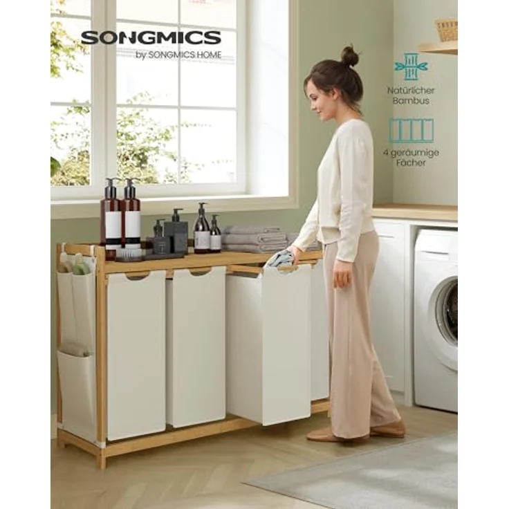 SONGMICS Wäschekorb 4 Fächer, Bambus, Wäschesammler 200 L, Wäschesortierer, mit Ablage, Wäschesack, kleine seitliche Taschen, Wäscheregal, 4 x 50 L, 124,6 x 33 x 78 cm, cremeweiß RLHDE120W01 – Bild 2