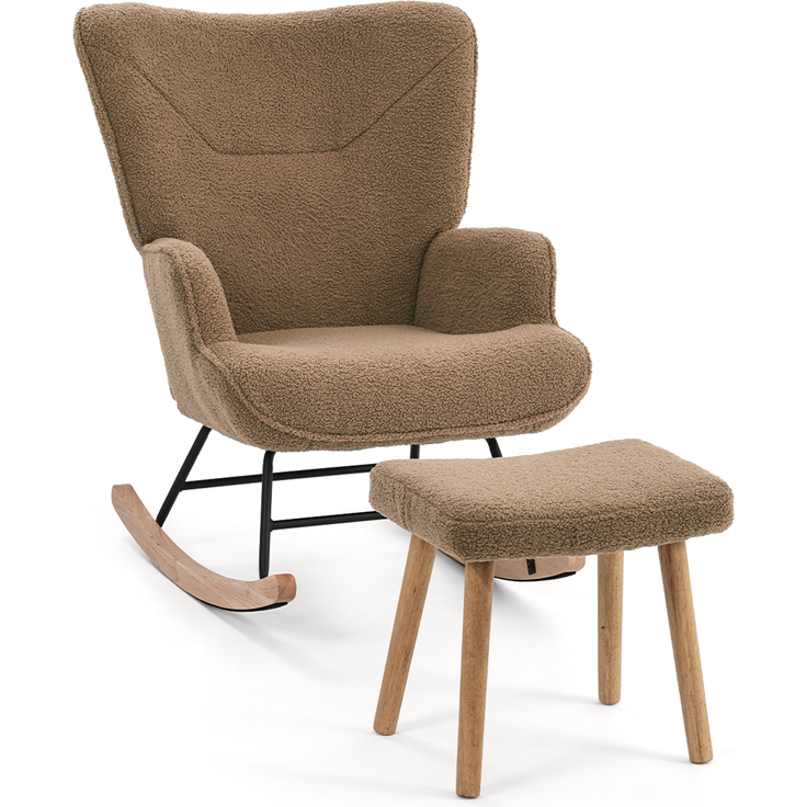 GOEURVANT 5006 Schaukelstuhl mit Hocker (Relaxsessel, Ohrensessel), Teddy-Stoff - Braun – Bild 2
