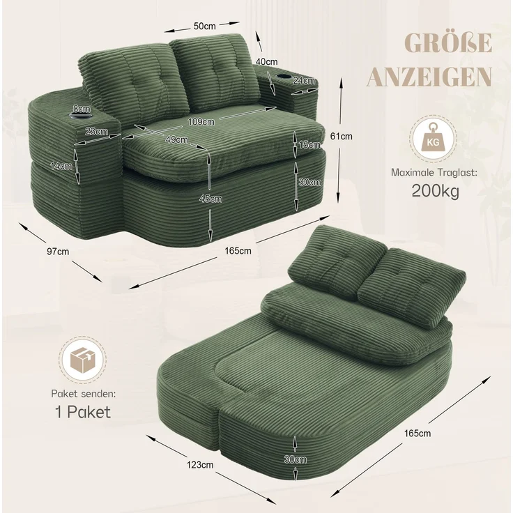 Schlafsessel 2-in-1 165cm×97cm×61cm mit Cord, extra tiefer Sitzfläche und doppelten Getränkehaltern – Emerald – Bild 3