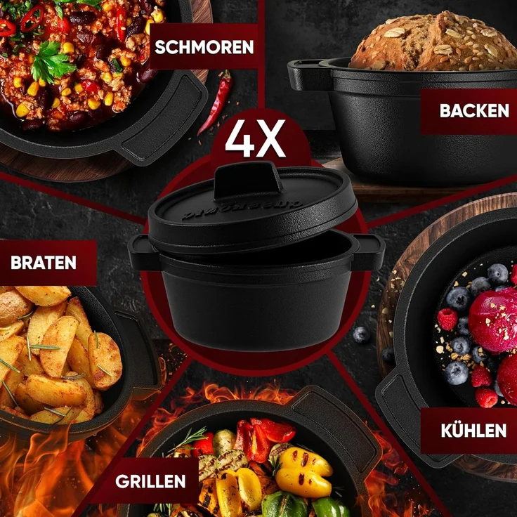 GUSSKÖNIG Dutch Oven Set Mini Topf 4Stk mit Deckel Holzbrett je 300 ml – Bild 8
