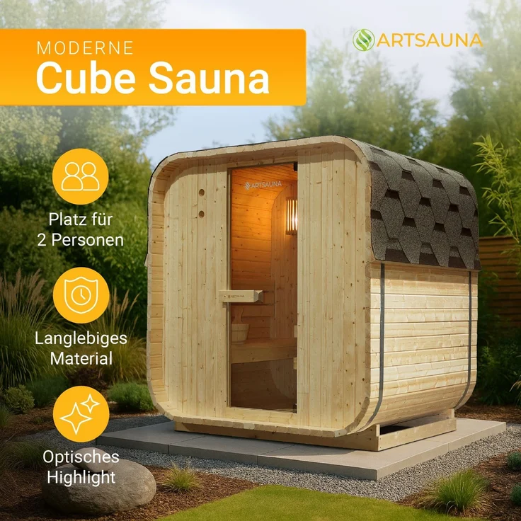 Artsauna Fasssauna Nolvik M, Outdoor-Sauna aus Fichtenholz, 3,6 kW Ofen, LED, Komplettset mit Sanduhr, Eimer & Thermometer, winterfest, Cube Design – Bild 2