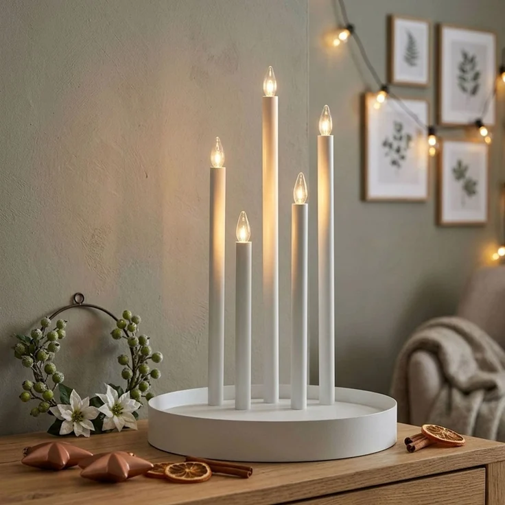 LED Kerzenständer, 5-flammig, Weiß, Stahl, E10, Warmweiß, H 46 cm – Bild 3
