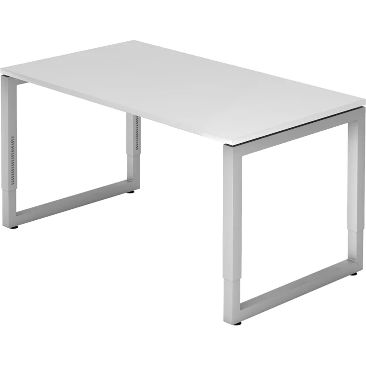 bümö höhenverstellbarer Schreibtisch R-Serie 140x80 cm in weiß, Gestell in Silber - PC Tisch klein für's Büro manuell höhenverstellbar, Computertisch verstellbar, RS-14-W-S – Bild 1