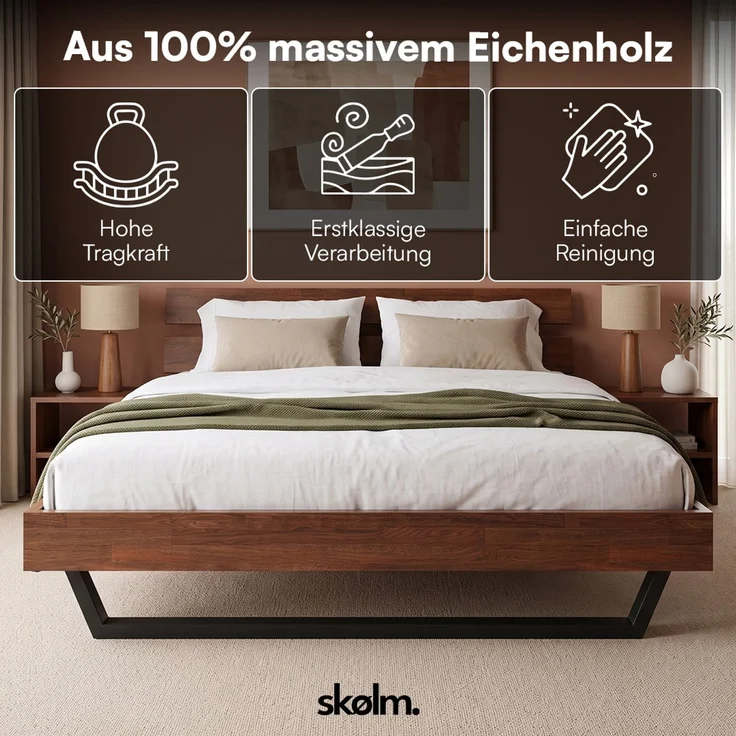 skølm 'Alver' Bett 180x200 cm, Bettgestell, natur geölt, Massivholzbett aus Eiche mit Metallkufen, Walnuss Optik, Bettkopf 2 Streben – Bild 2