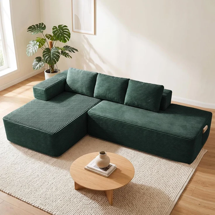 COMHOMA Ecksofa mit Schlaffunktion, 255cm Corduroy Modulares Boneless Couch mit Chaiselongue & Rücken-Metallgestell, L-Form Schlafsofa mit offenem Design, Kissen & Seitentaschen,für Wohnzimmer, Grün-R – Bild 4