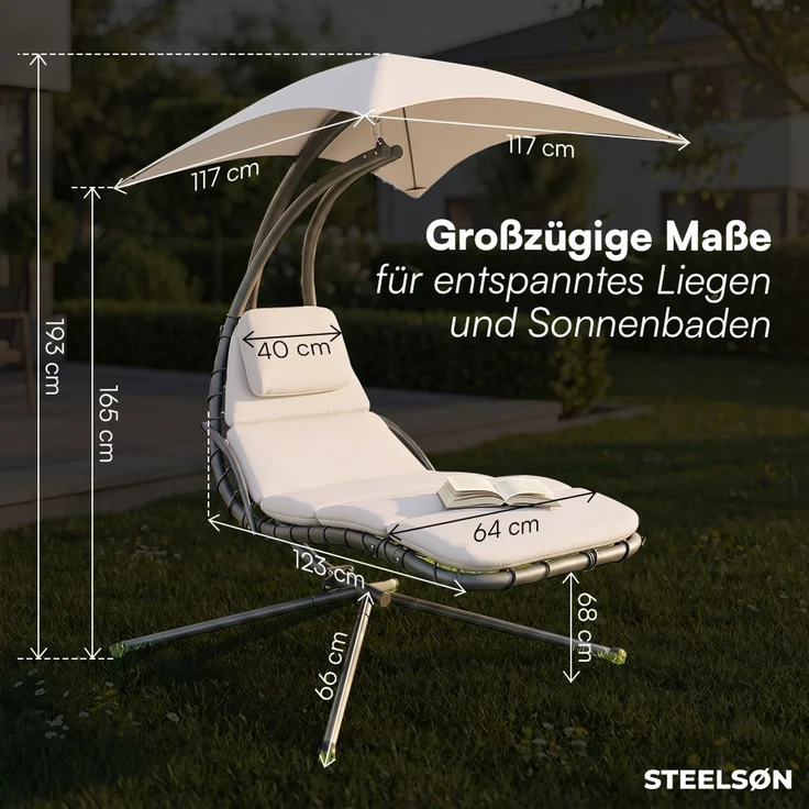 STEELSØN 'Nyria' Schwebeliege mit Sonnenschirm, Hängeliege mit Sitzpolstern, wetterfest, bis 120 kg belastbar, beige – Bild 9
