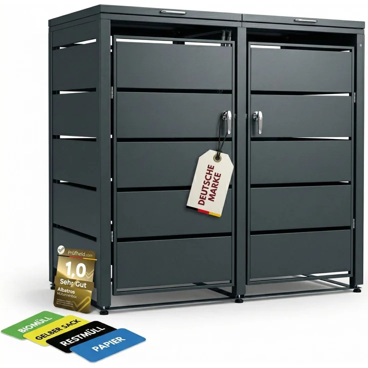 Albatros Mülltonnenbox 2er Tonne | bis 240 Liter | Anthrazitgrau RAL 7016 | verzinkter Stahl | Premium Dämpfer| Aufkleber-Set | wetterfest| verstellbare Füße| Türgriff mit Schloss | Gartenbox | entwickelt in Deutschland – Bild 1