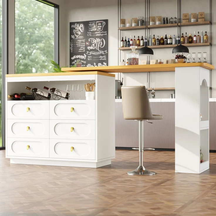 Bartisch ausziehbar mit 360° Drehfunktion, MDF Tischplatte, 6 Schubladen, Stauraumregal,Weiß – Bild 3