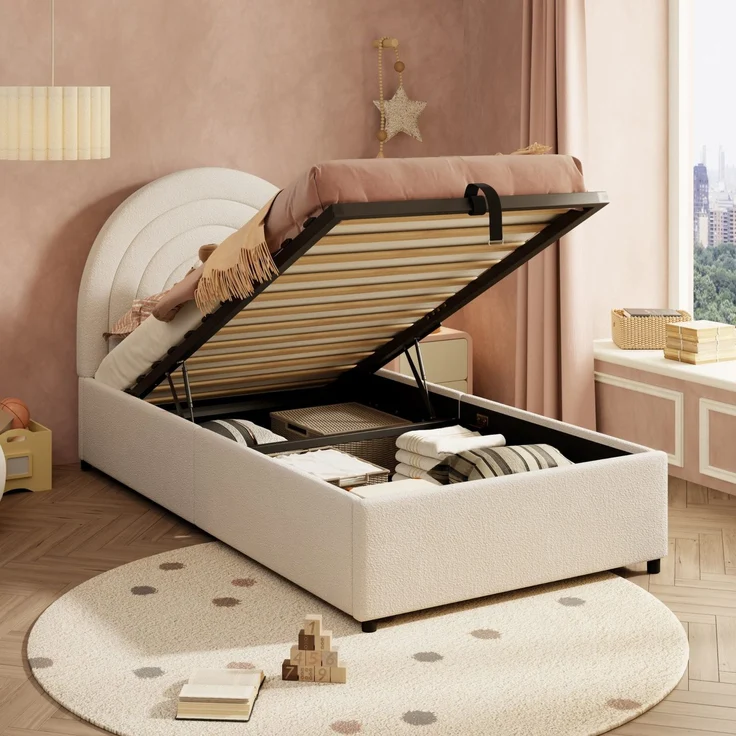 Kinderbett mit Stauraum und Kopfteil, 90x200 cm, Polsterbett mit Lattenrost, Einzelbett, Boucle – Bild 1