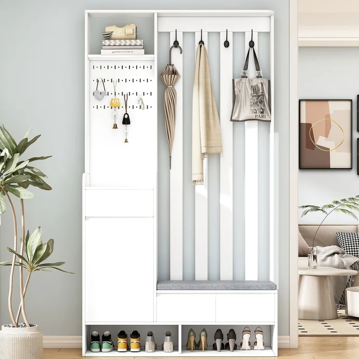 Merax 180cm Flurgarderobe, mit gepolsterter Aufbewahrungsbank, multifunktionaler Flur-Schuhschrank mit Stecktafel, moderne Garderobe mit 4 Haken, Weiß – Bild 2