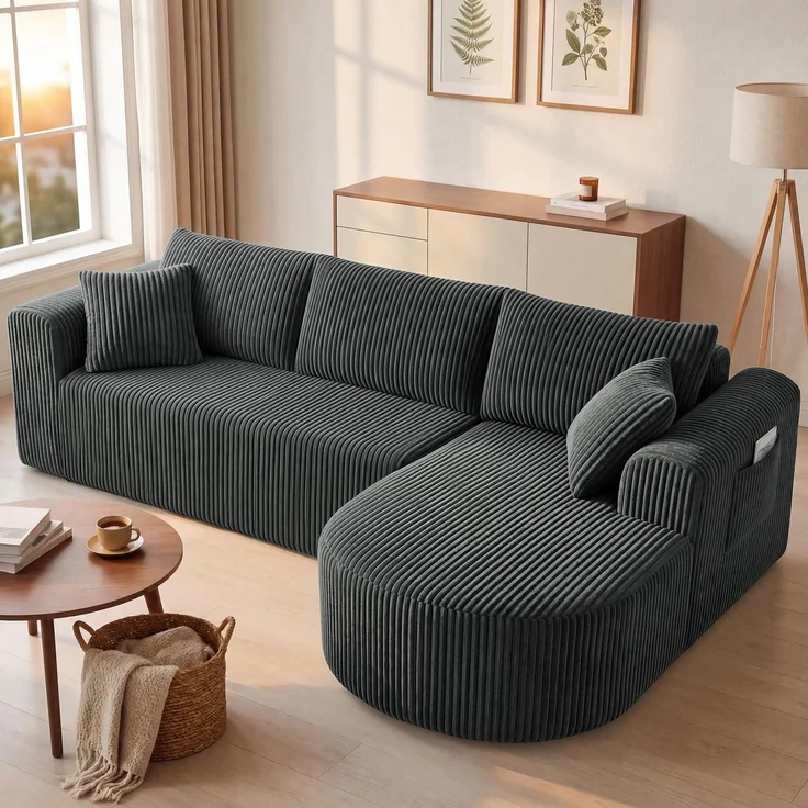 COMHOMA Ecksofa mit Schlaffunktion, 263cm -LCorduroy Modulares Boneless Couch mit Chaiselongue, L-Form Schlafsofa, Sektionssofas mit Kissen & Seitentaschen,Sofa für Wohnzimmer, Keine Montage, Grau – Bild 4