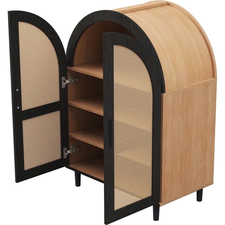 Schuhschrank/Sideboard mit Rattantüren & Metallgestell, 70x40x100 cm, Natur/Schwarz – Bild 9