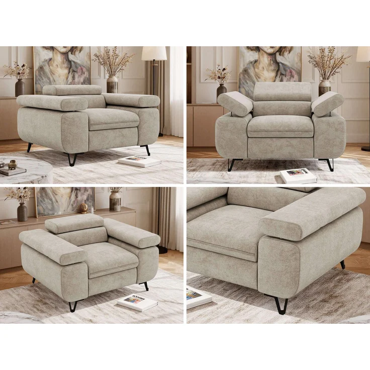 Einzelsessel, Polstersessel PETER mit verstellbaren Armlehnen und Kopfstütze, 1-Sitzer Sofa, Ohrensessel, Wellenfeder - Beige Struktur – Bild 2