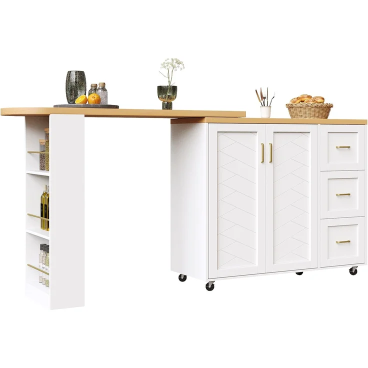 Merax Verlängerbarer Barwagen mit 2 Türen & 3 Schubladen (135-228 x 39 x 104 cm), rollbar, Bartisch in Weiß, Arbeitsplatte in Holzoptik – Bild 10
