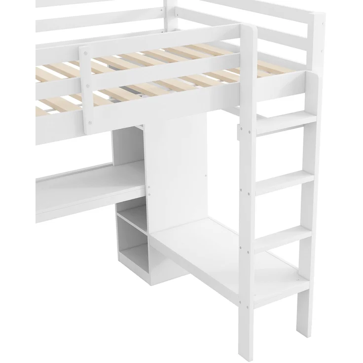 U-life Hochbett 140x200 cm mit Schreibtisch, Multifunktionsregalen, offenem Kleiderschrank, LED-Beleuchtung und USB-Ladestation, Weiß – Bild 8