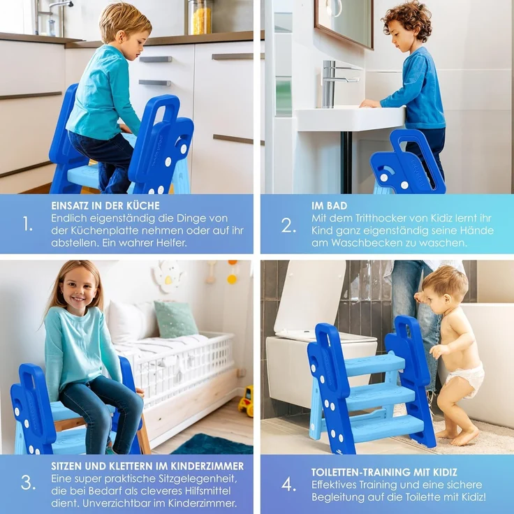 KIDIZ® Tritthocker für Kinder Trittleiter Klappbar mit 3 Stufen | Faltbarer Lern-Turm ab 18 Monaten bis 6 Jahren | Robust | Sicherer & Stabiler Trittschemel | Höhenverstellbar Rutschfest Blau / Hellblau – Bild 9
