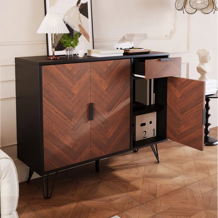 DESVIAE Sideboard mit Schublade und verstellbaren Einlegeböden, 90x71,5x30 cm, MDF/Spanplatte, Schwarz/Holzfarben – Bild 1