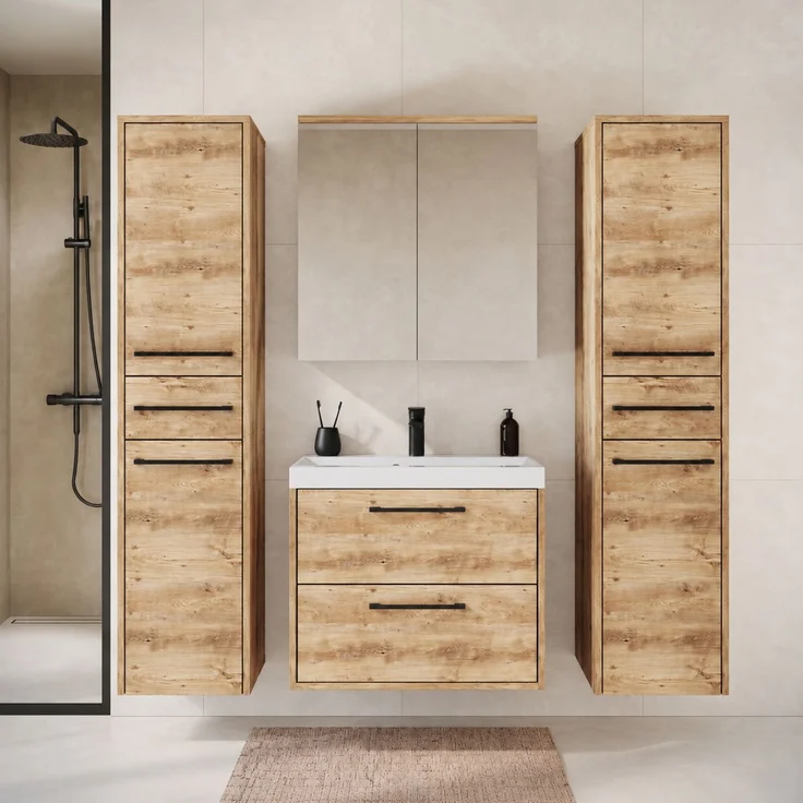 Badplaats Badmöbel Komplettset Florence XL 60 x 35 cm Kastanien Eiche - Badezimmermöbel mit Waschbecken, Spiegelschrank und 2 Hochschränke – Bild 5