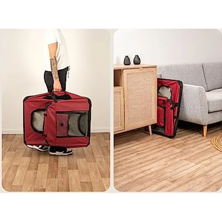 lionto Hundetransportbox, Faltbar, für Reise & Auto, 70x52x50 cm, Rot | Stabile Hundebox aus Stoff mit Netzfenstern, Tragegriffen, weicher Decke & Taschen, für Katzen & Hunde bis 15 kg geeignet – Bild 3