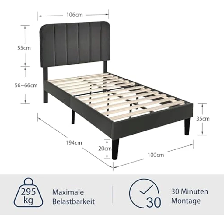 VECELO Polsterbett 90x200 cm mit Lattenrost Rückenlehne, Hautfreundlicher Samtstoff, Bett Einzelbett Jugendbett(Ohne Matratze), Legierter Stahl, Grau – Bild 2