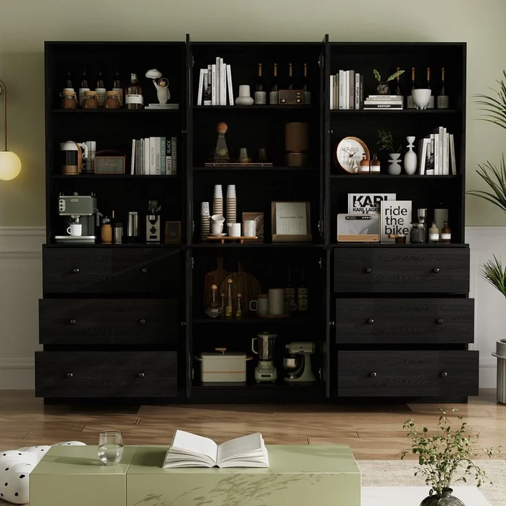 VOWNER Bücherregal 5-stöckiges Bücherregal mit Glastüren, 180 cm Vitrinenschrank, 3-tlg, multifunktionaler Küchenschrank Hochschrank & Buffetschrank – Bild 3