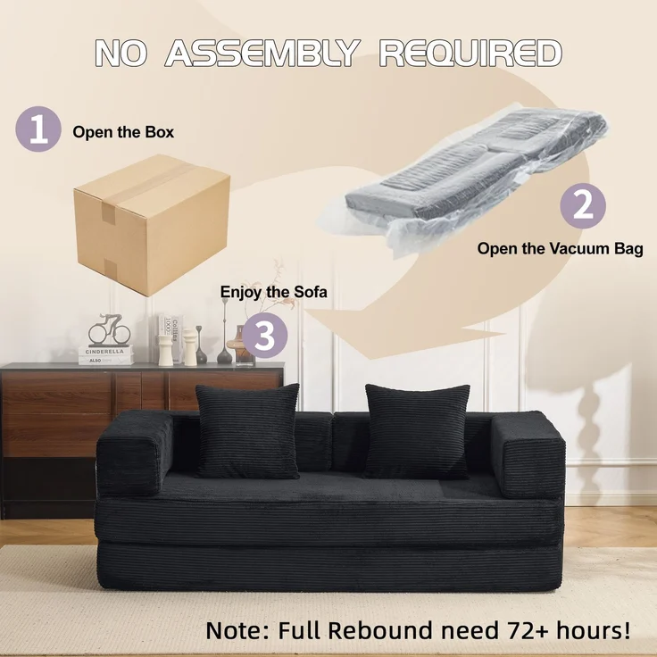 Bodensofa, Kompressionssofa, Schlafsofa mit Kissen, Rückenlehne und Armlehnen, bequemes Futon-Sofa, Cordstoff, für Wohn- und Schlafzimmer, Schwarz--Schwarz--185x92.5x60cm--YOUDENOVA – Bild 7