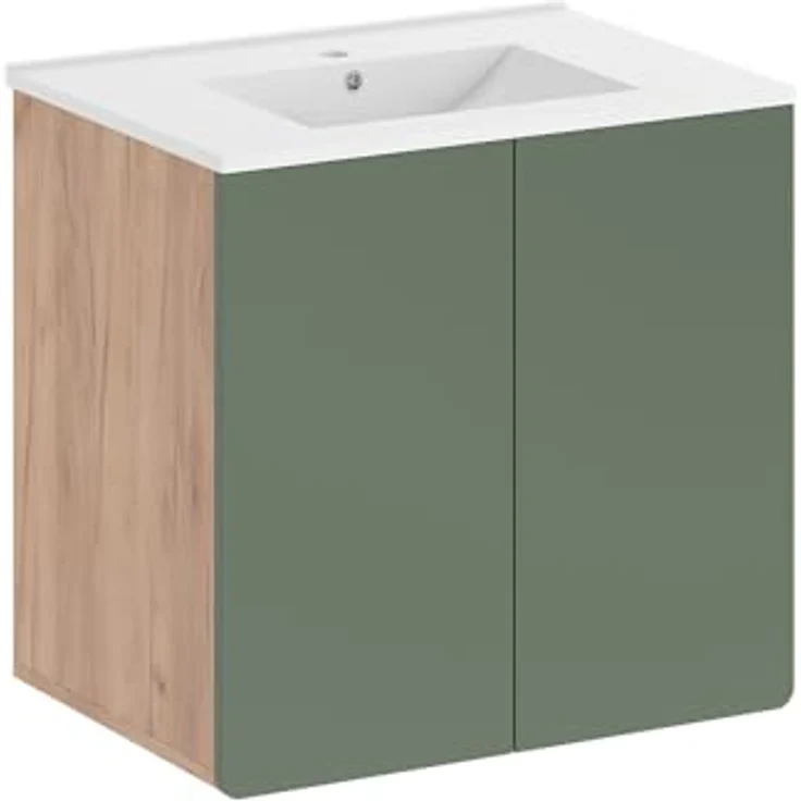 Vichy Badmöbel-Set Izan, Waschbeckenunterschrank und Spiegelschrank, Goldkraft Eiche/Grün – Bild 1