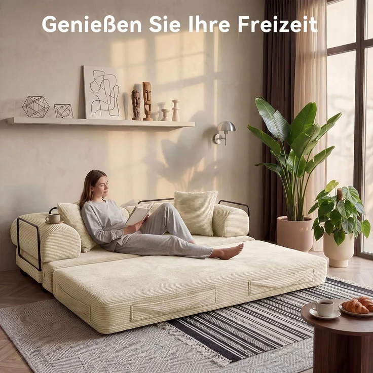 Aoxun Kordstoff Schlafsofa 200×97×70cm, 5-in-1 Umwandelbares Bodensofa, Hochdichter Schaumstoff, Haustierfreundlich, Keine Montage, Weiß – Bild 5