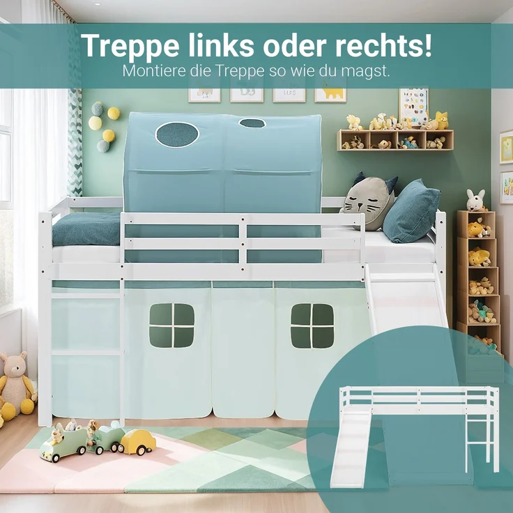 Hochbett Kinder 90x200 cm mit Rutsche Lattenrost Kinderbett Stockbett Vorhang Tunnel Grün Mintgrün Holz Massiv – Bild 7