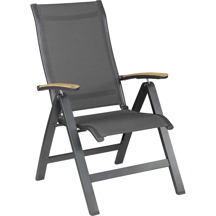 KETTLER 'ALTURA Curve' Multipositionssessel mit Teak-Armlehne, Aluminium / Outdoorgewebe anthrazit, 70 x 62 x 110 cm