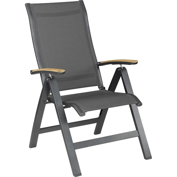 KETTLER 'ALTURA Curve' Multipositionssessel mit Teak-Armlehne, Aluminium / Outdoorgewebe anthrazit, 70 x 62 x 110 cm