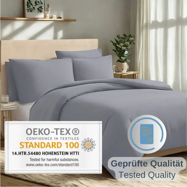 Komfortec Premium Bettwäsche 200x200 mit 2 Kissenbezug 40x80 cm Set aus Gebürstetes Mikrofaser - Grau